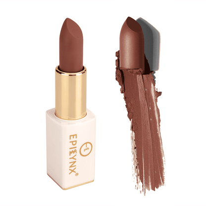 Warm brown matte lipstick with gold case and brown swatch