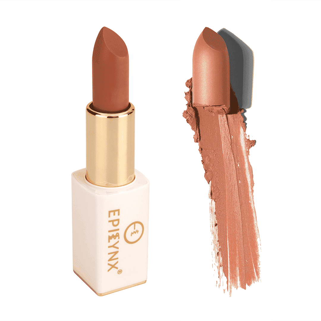 Matte lipstick in dusty rose shade, shown with gold cap and lip swatch