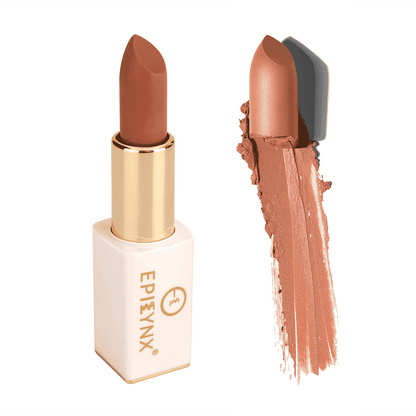 Matte lipstick in dusty rose shade, shown with gold cap and lip swatch