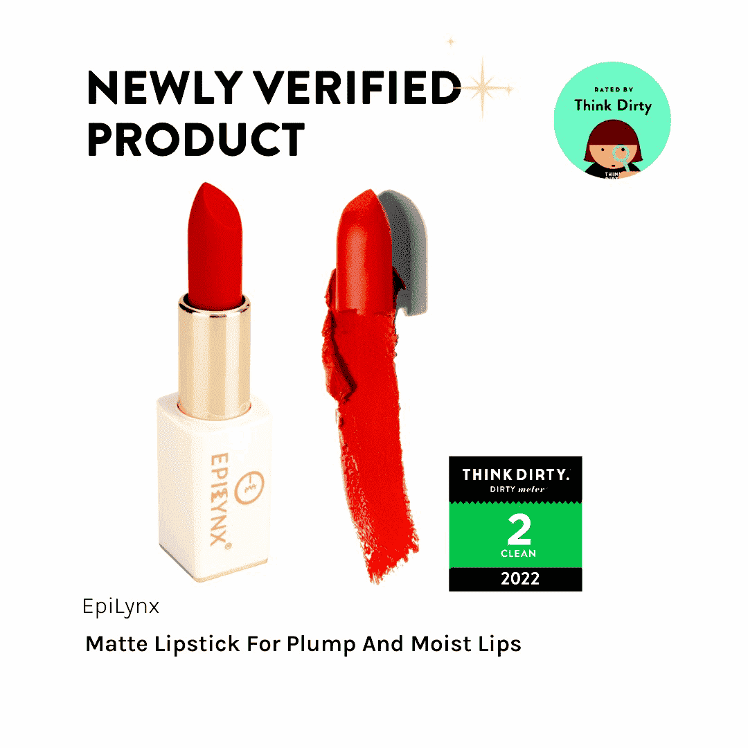 Matte lipstick in bright red shade, shown in gold case with lip swatch