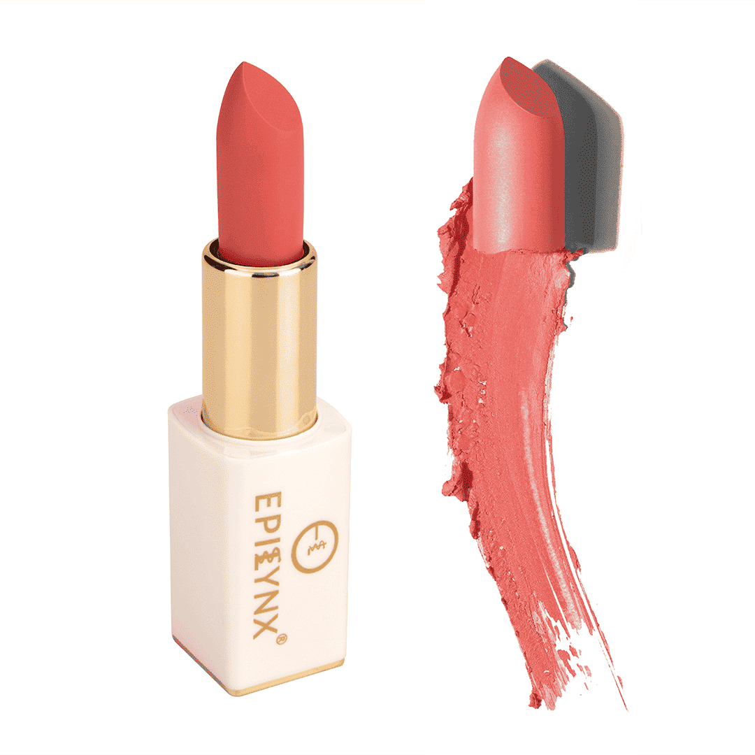 Red lipstick with gold bullet, white case, and coral-red swatch