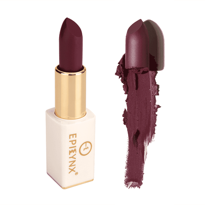 Plum lipstick with gold bullet, white case, and deep berry swatch