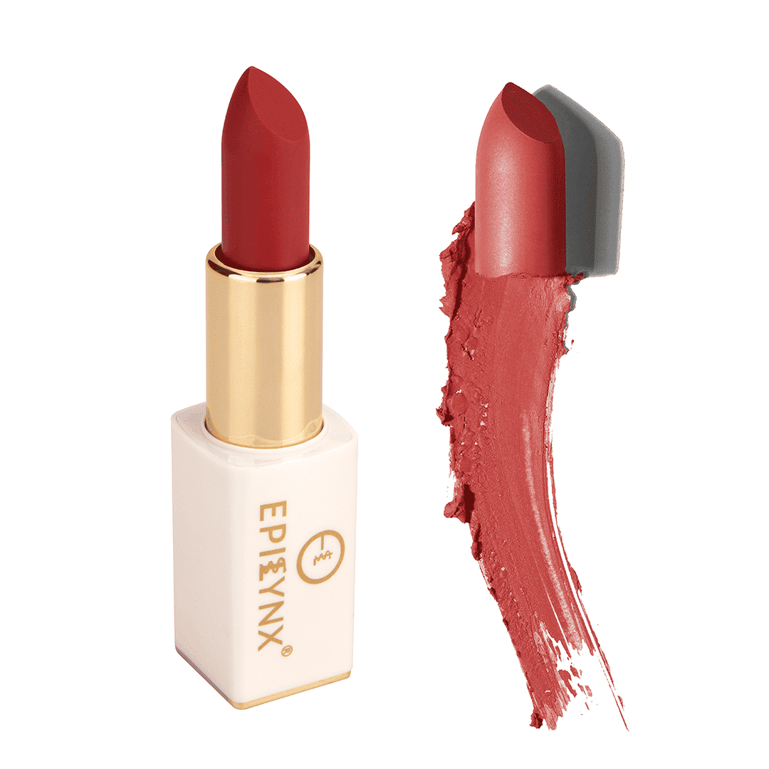 Coral-red lipstick with gold bullet, white case, and red swatch
