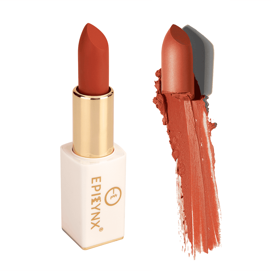 Matte lipstick in terracotta shade, shown in gold case with lip swatch