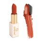 Matte lipstick in terracotta shade, shown in gold case with lip swatch