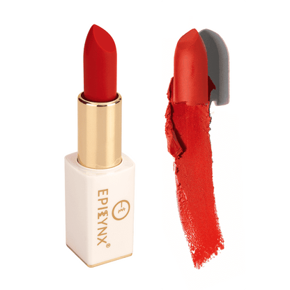 Matte lipstick in red shade, shown in gold case with lip swatch