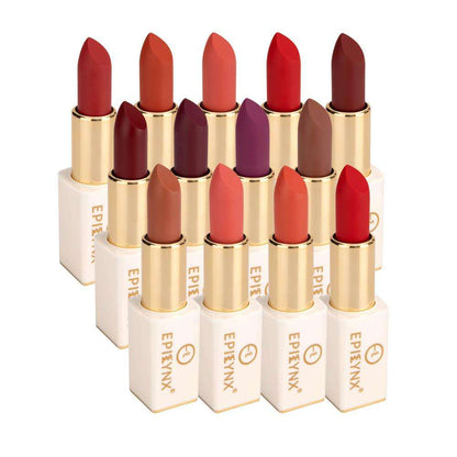 Set of matte lipsticks with gold bullets in white cases, assorted shades
