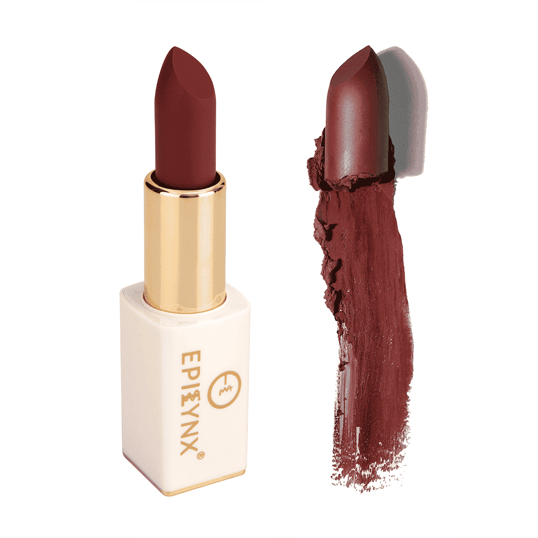 Deep burgundy matte lipstick with gold case and burgundy swatch