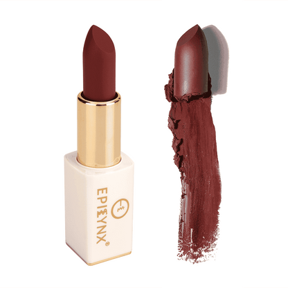 Deep burgundy matte lipstick with gold case and burgundy swatch