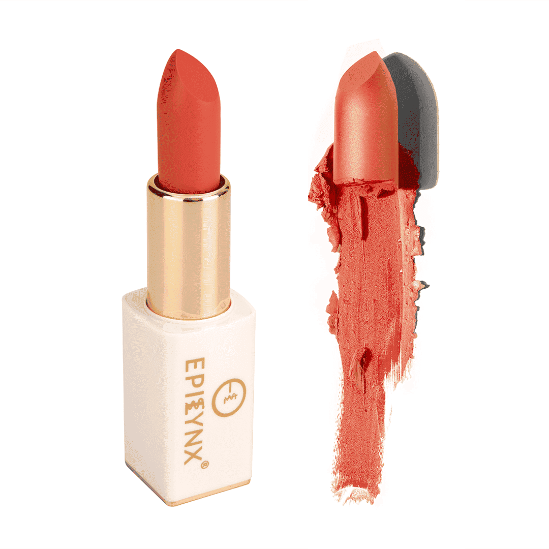 Orange-red matte lipstick with gold case and orange swatch