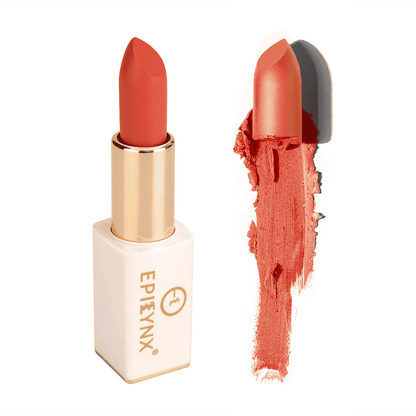 Orange-red matte lipstick with gold case and orange swatch