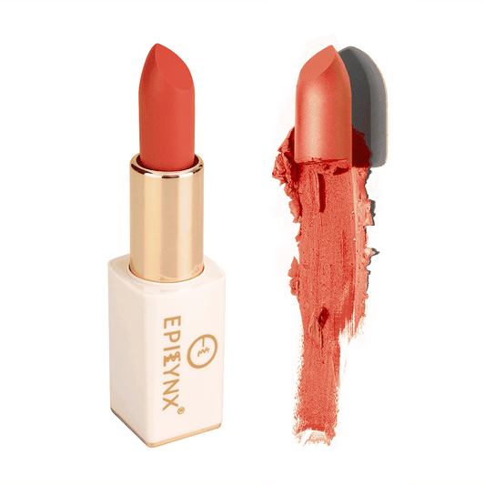 Orange-red matte lipstick with gold case and orange swatch