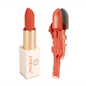 Orange-red matte lipstick with gold case and orange swatch