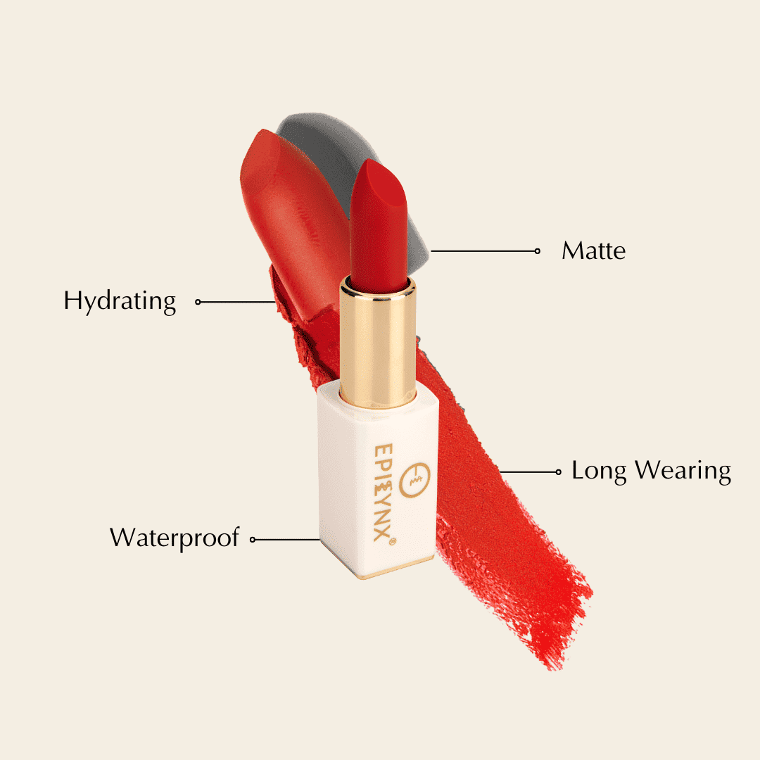 Red lipstick with gold bullet, white case, and red swatch