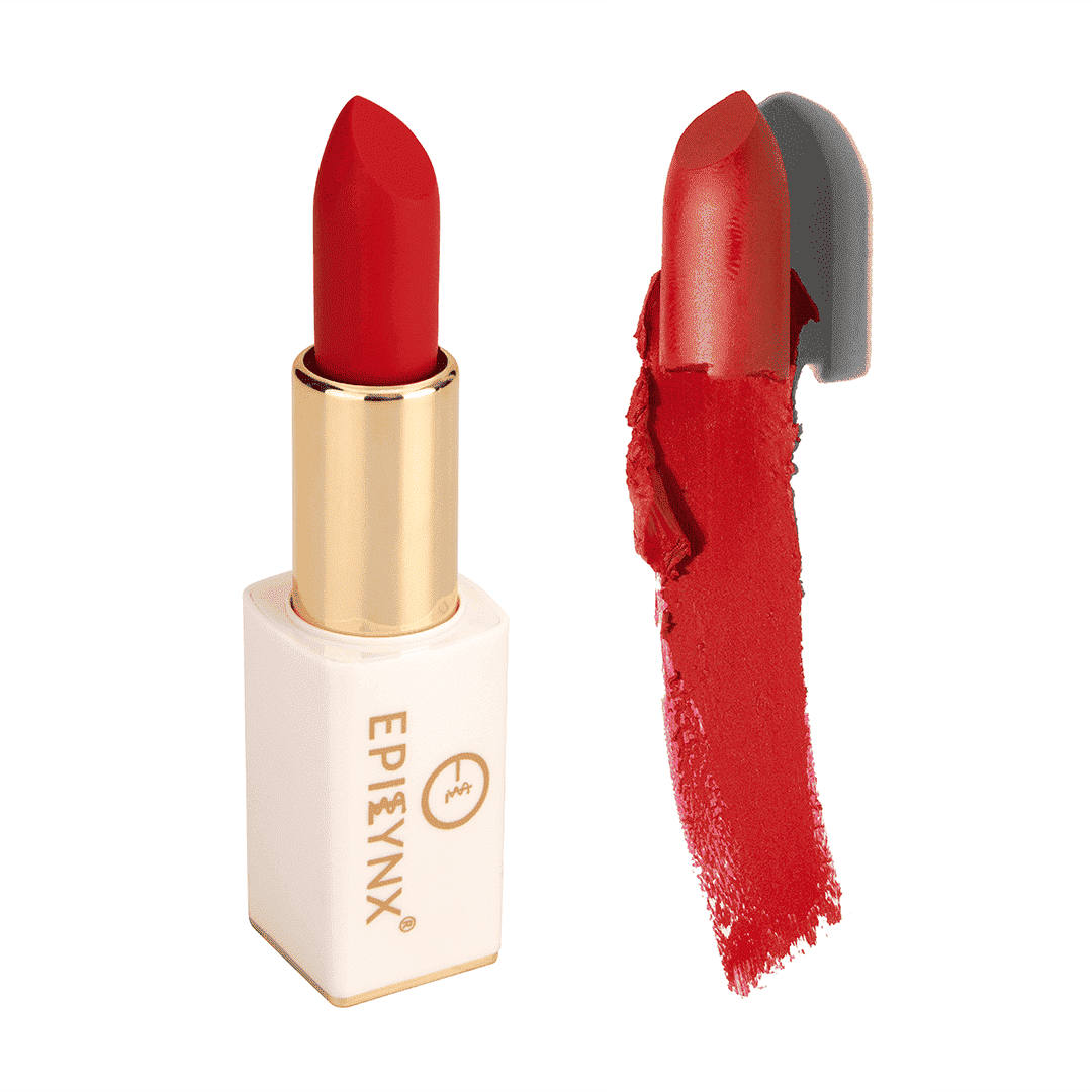 Red matte lipstick with gold case and red pigment swatch