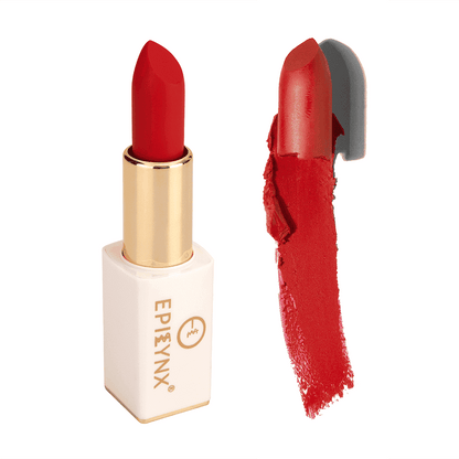 Red matte lipstick with gold case and red pigment swatch
