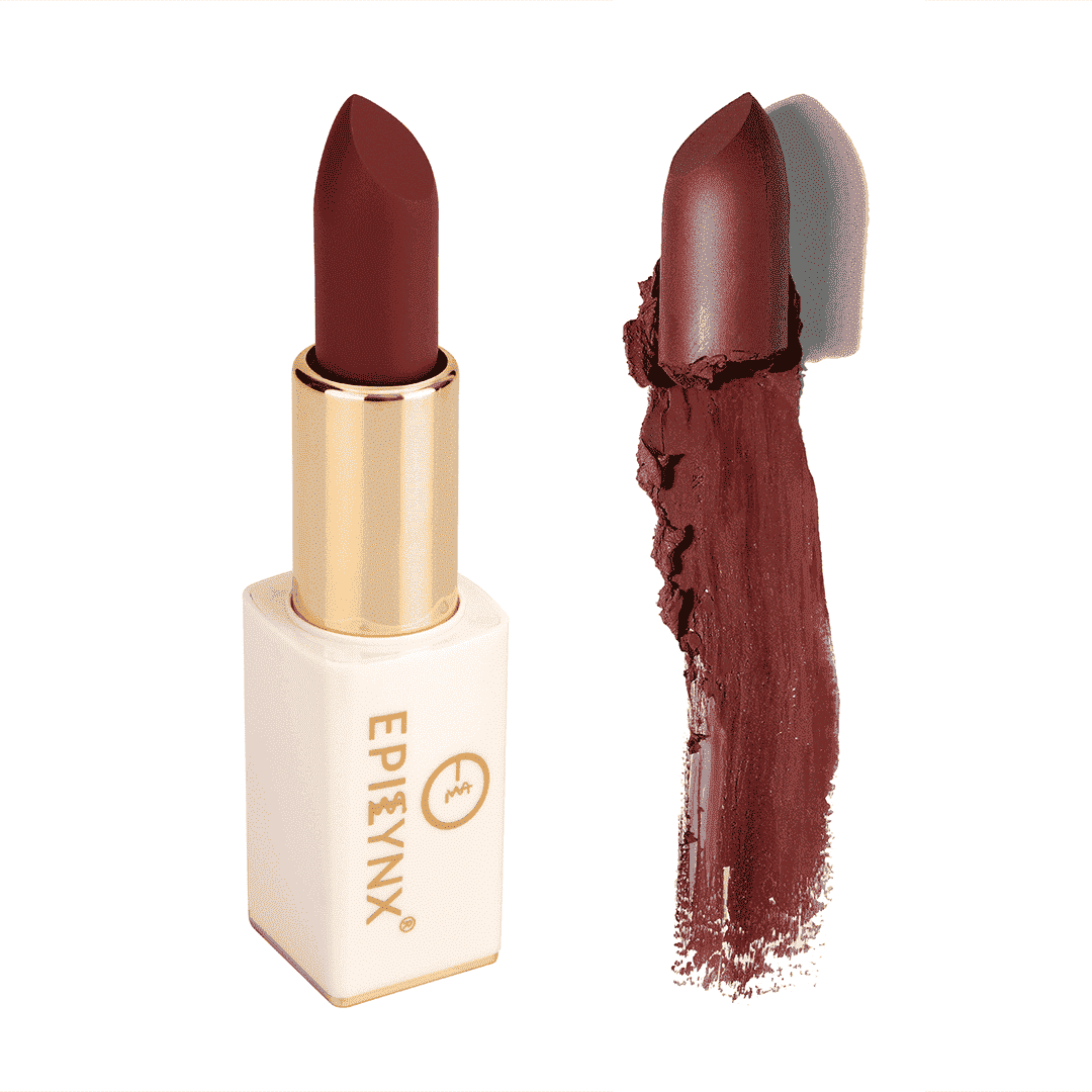 Deep burgundy matte lipstick with gold case and burgundy swatch