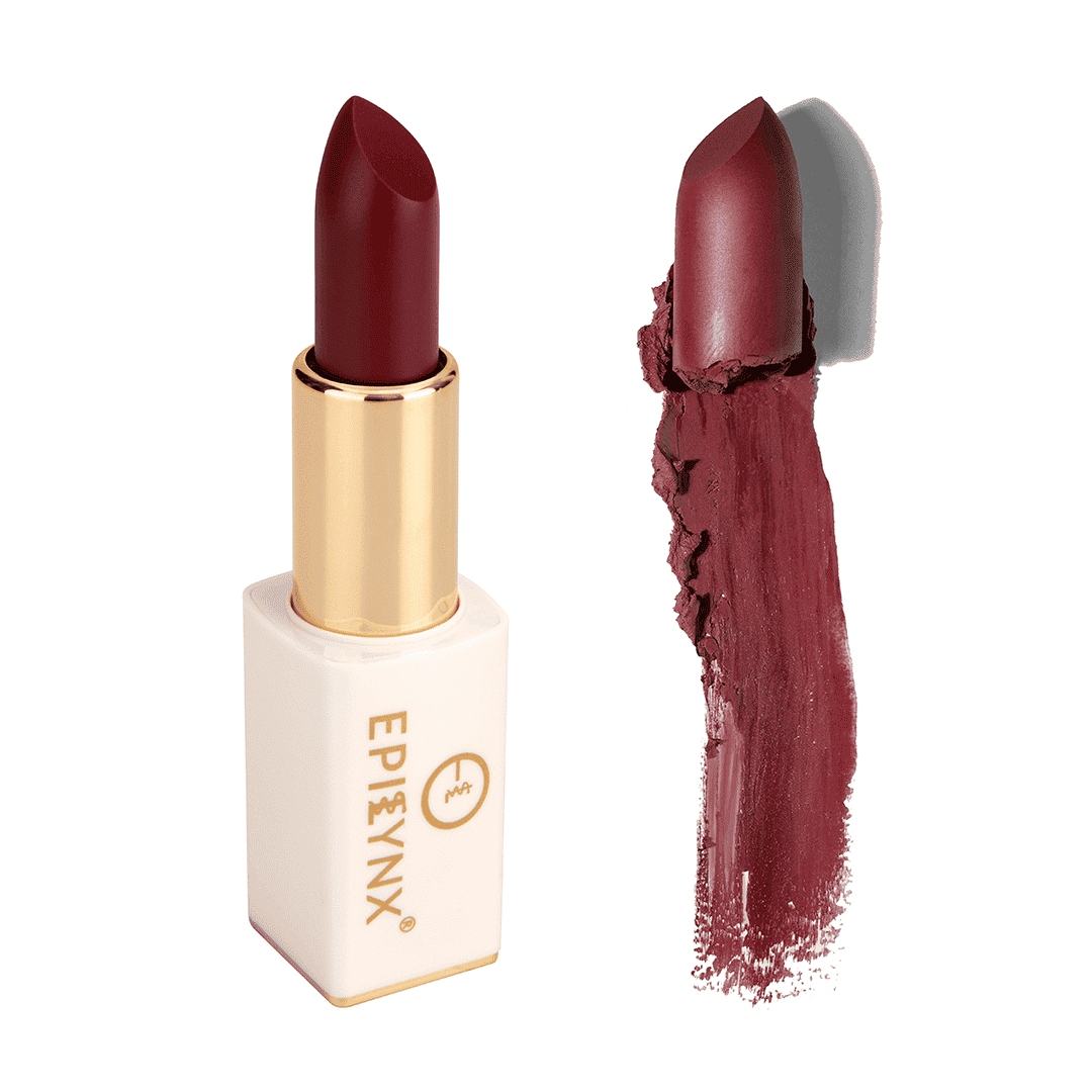 Burgundy lipstick with gold bullet, white case, and dark red swatch