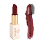 Burgundy lipstick with gold bullet, white case, and dark red swatch