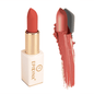 Coral-pink matte lipstick with gold case and coral swatch