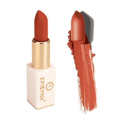 Matte lipstick in terracotta shade, shown in gold case with lip swatch