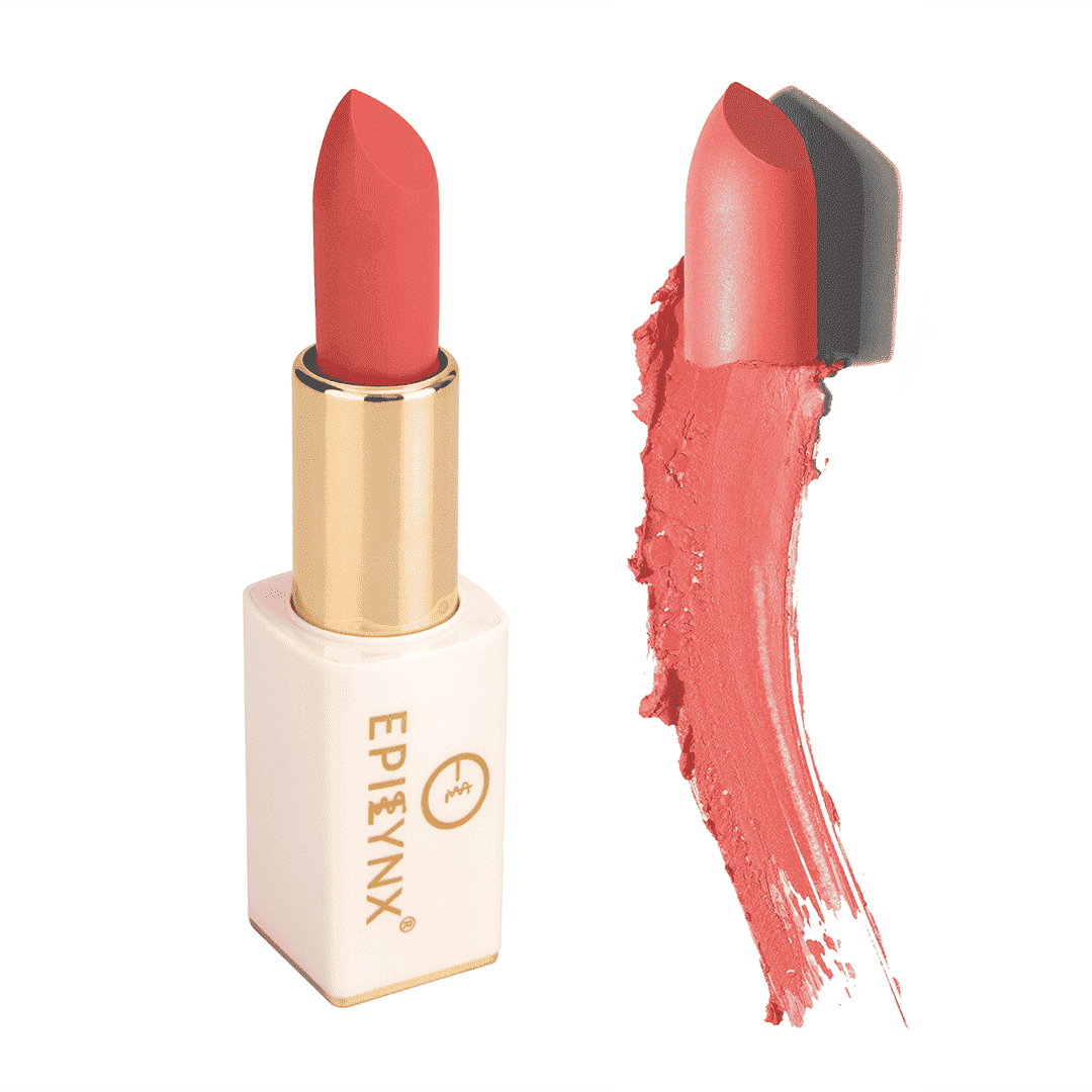 Red lipstick with gold bullet, white case, and coral-red swatch