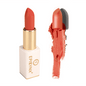 Orange-red matte lipstick with gold case and orange swatch