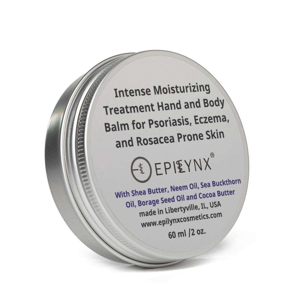 Closed silver tin of intense moisturizing balm with round label for hand and body