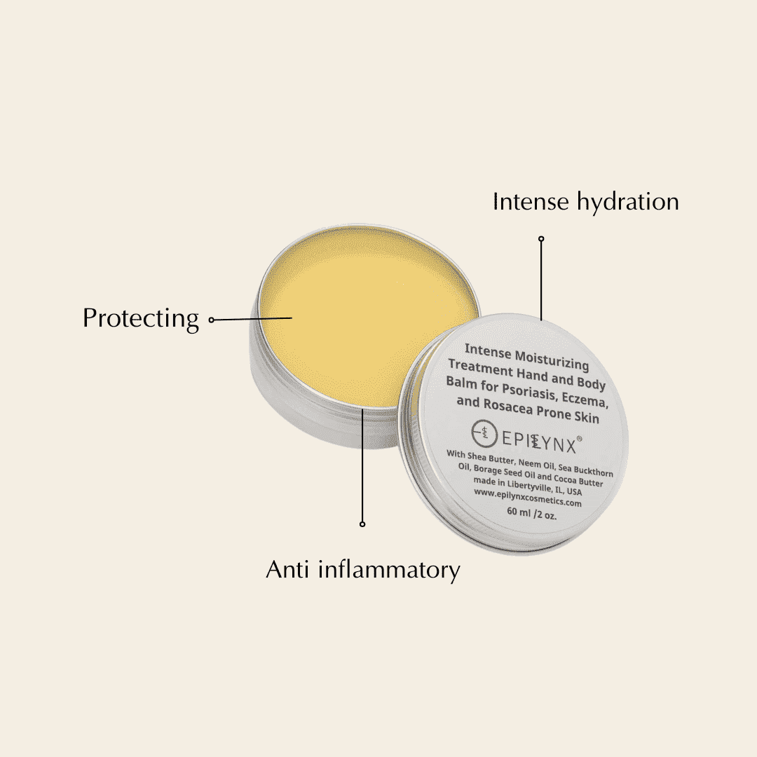 Silver tin of yellow balm with callouts for intense hydration, anti-inflammatory, and protecting