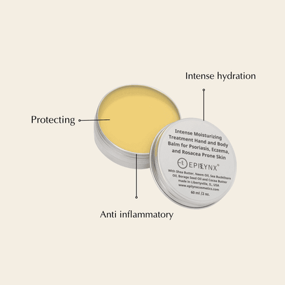 Silver tin of yellow balm with callouts for intense hydration, anti-inflammatory, and protecting