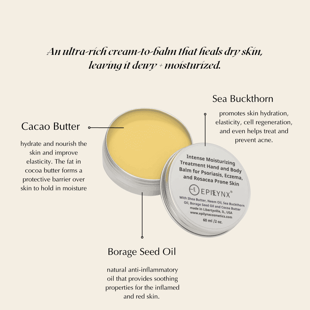 Silver tin of yellow shea butter balm with ingredient callouts for cacao butter and oil