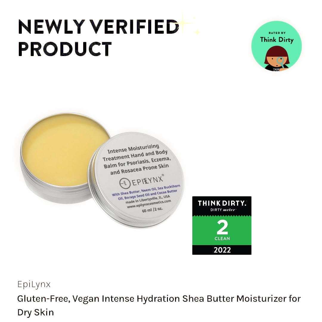 Silver tin balm labeled for dry skin with Think Dirty 2 clean 2022 badge