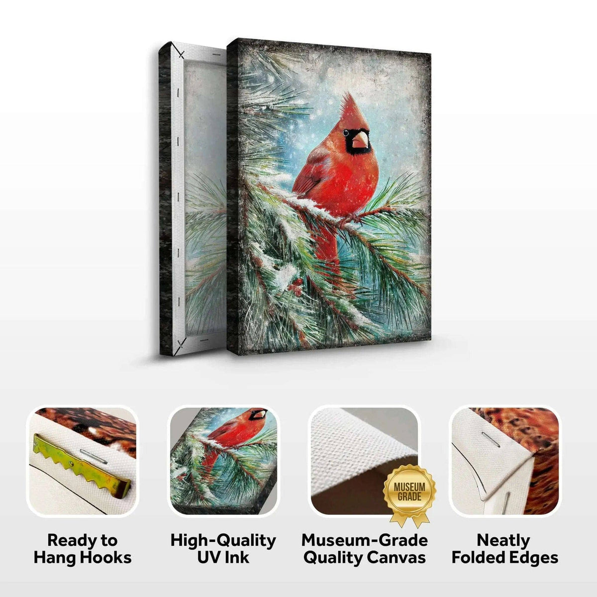 Vintage Cardinal Christmas Wall Art Tailored Canvases 18x12 inch Medium Premium Gallery Wrapped 24x16 inch Large Premium Gallery Wrapped 36x24 inch Extra Large Premium Gallery Wrapped 18x12 inch Medium Premium Gallery Wrapped-24x16 inch Large Premium Gallery Wrapped-36x24 inch Extra Large Premium Gallery Wrapped-