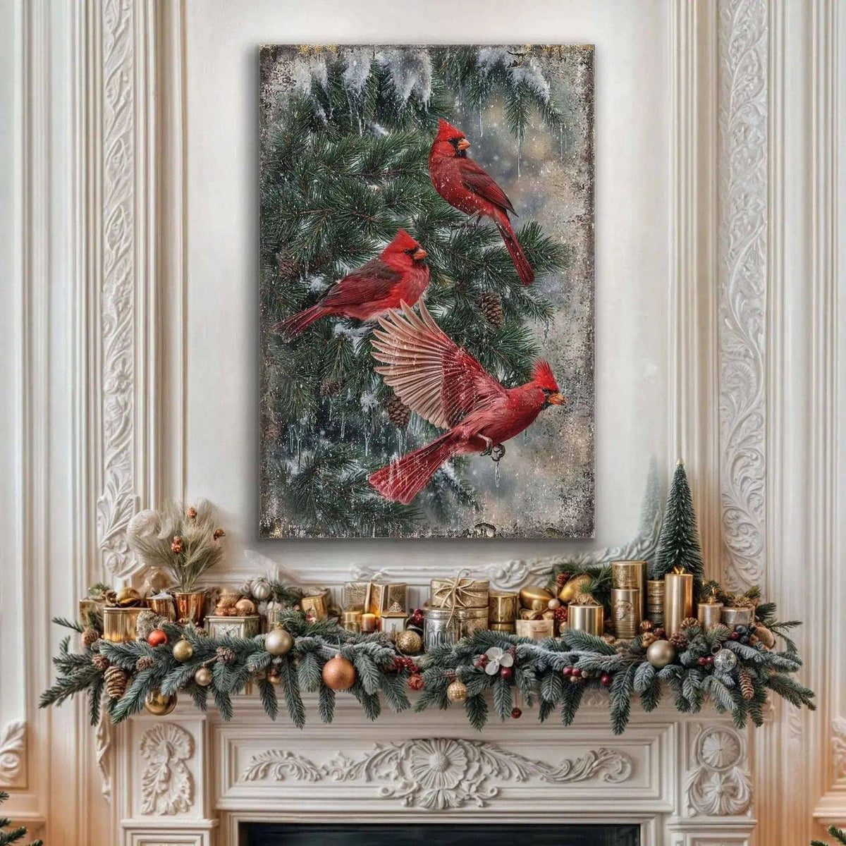 Vintage Cardinal Christmas Wall Art II Tailored Canvases 18x12 inch Medium Premium Gallery Wrapped 24x16 inch Large Premium Gallery Wrapped 36x24 inch Extra Large Premium Gallery Wrapped 18x12 inch Medium Premium Gallery Wrapped-24x16 inch Large Premium Gallery Wrapped-36x24 inch Extra Large Premium Gallery Wrapped-
