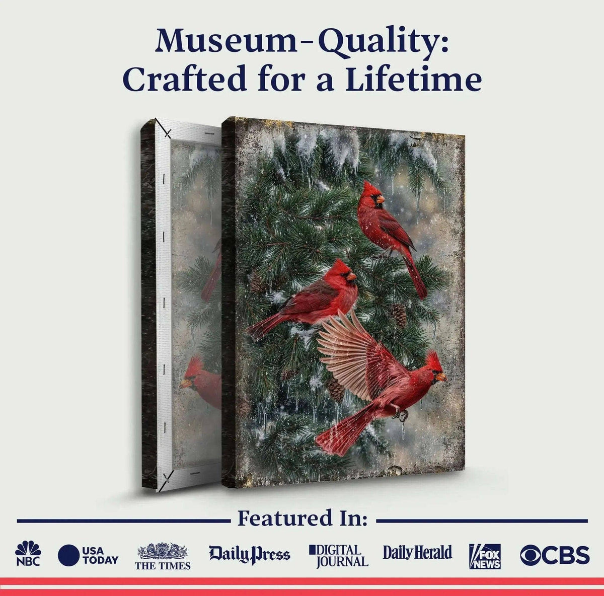 Vintage Cardinal Christmas Wall Art II Tailored Canvases 18x12 inch Medium Premium Gallery Wrapped 24x16 inch Large Premium Gallery Wrapped 36x24 inch Extra Large Premium Gallery Wrapped 18x12 inch Medium Premium Gallery Wrapped-24x16 inch Large Premium Gallery Wrapped-36x24 inch Extra Large Premium Gallery Wrapped-