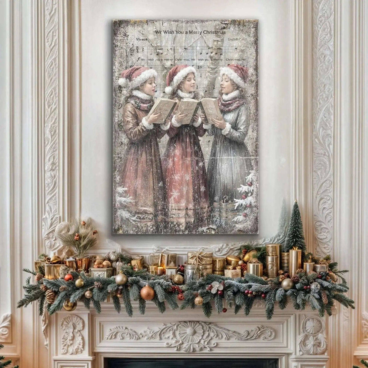 Vintage Christmas Carolers Wall Art Tailored Canvases 18x12 inch Medium Premium Gallery Wrapped 24x16 inch Large Premium Gallery Wrapped 36x24 inch Extra Large Premium Gallery Wrapped 18x12 inch Medium Premium Gallery Wrapped-24x16 inch Large Premium Gallery Wrapped-36x24 inch Extra Large Premium Gallery Wrapped-