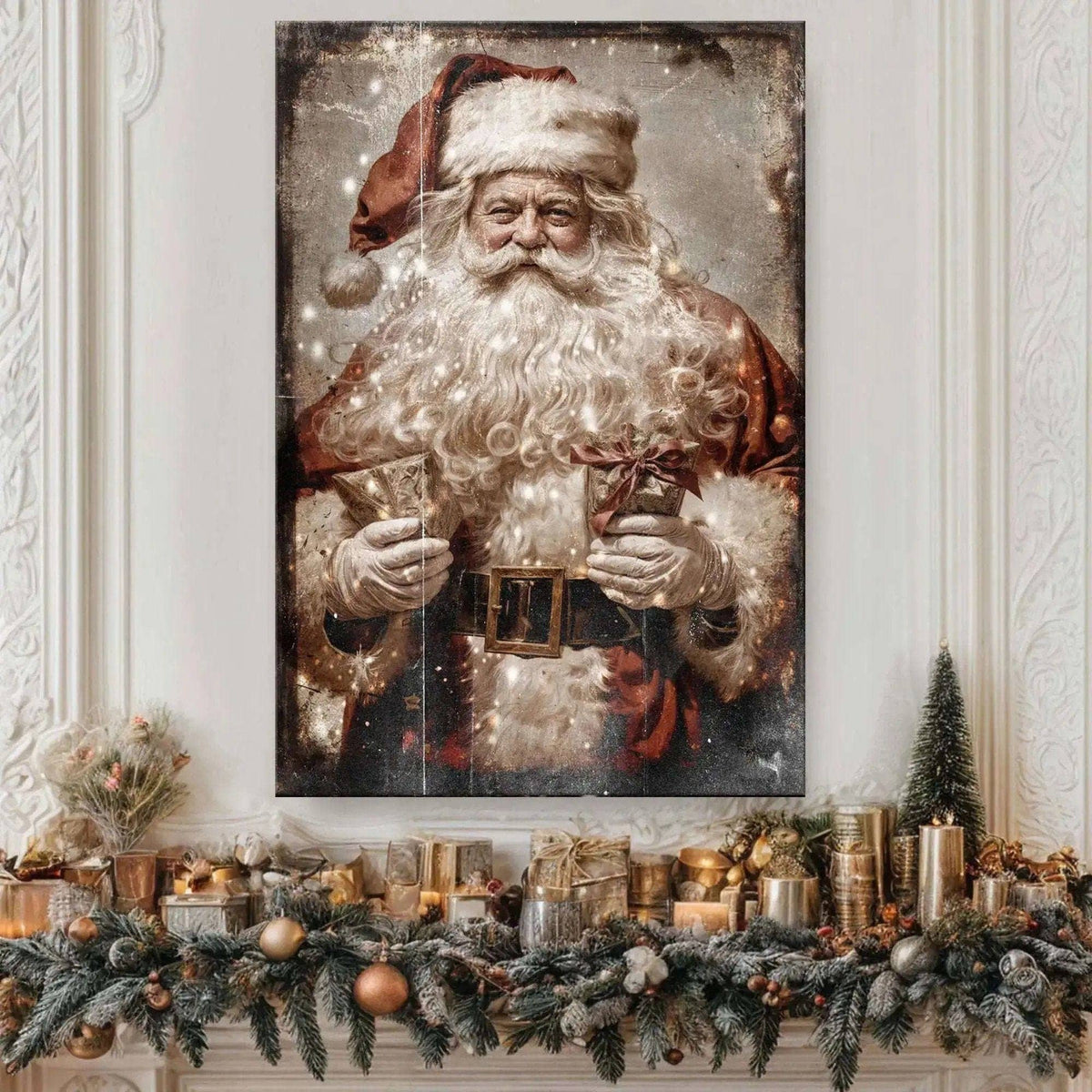 Vintage Christmas Santa Claus Wall Art IV Tailored Canvases 18x12 inch Medium Premium Gallery Wrapped 24x16 inch Large Premium Gallery Wrapped 36x24 inch Extra Large Premium Gallery Wrapped 18x12 inch Medium Premium Gallery Wrapped-24x16 inch Large Premium Gallery Wrapped-36x24 inch Extra Large Premium Gallery Wrapped-