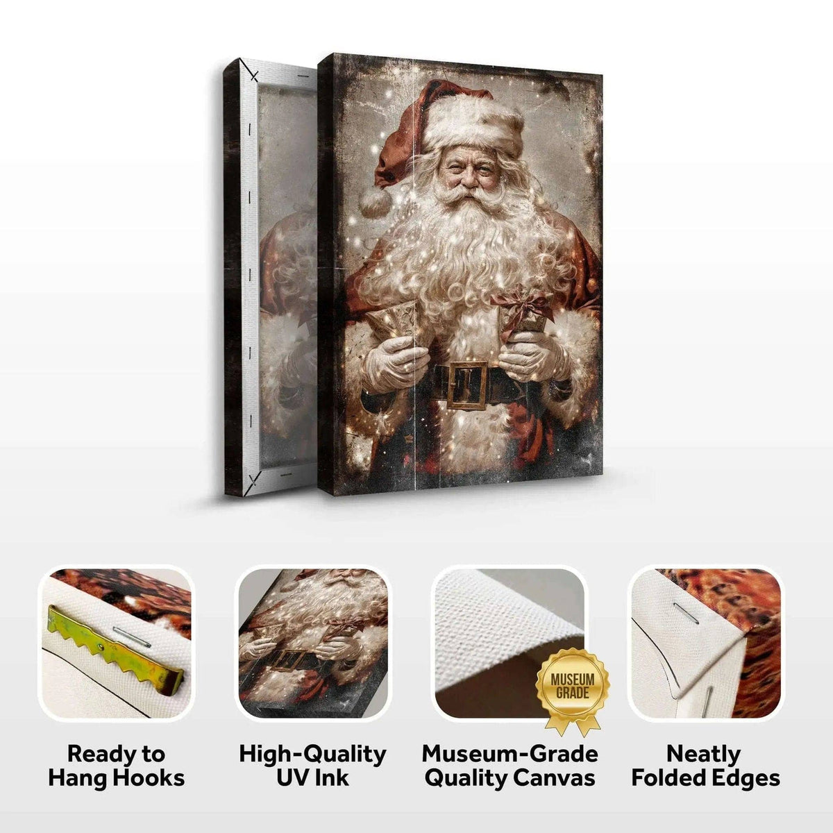 Vintage Christmas Santa Claus Wall Art IV Tailored Canvases 18x12 inch Medium Premium Gallery Wrapped 24x16 inch Large Premium Gallery Wrapped 36x24 inch Extra Large Premium Gallery Wrapped 18x12 inch Medium Premium Gallery Wrapped-24x16 inch Large Premium Gallery Wrapped-36x24 inch Extra Large Premium Gallery Wrapped-