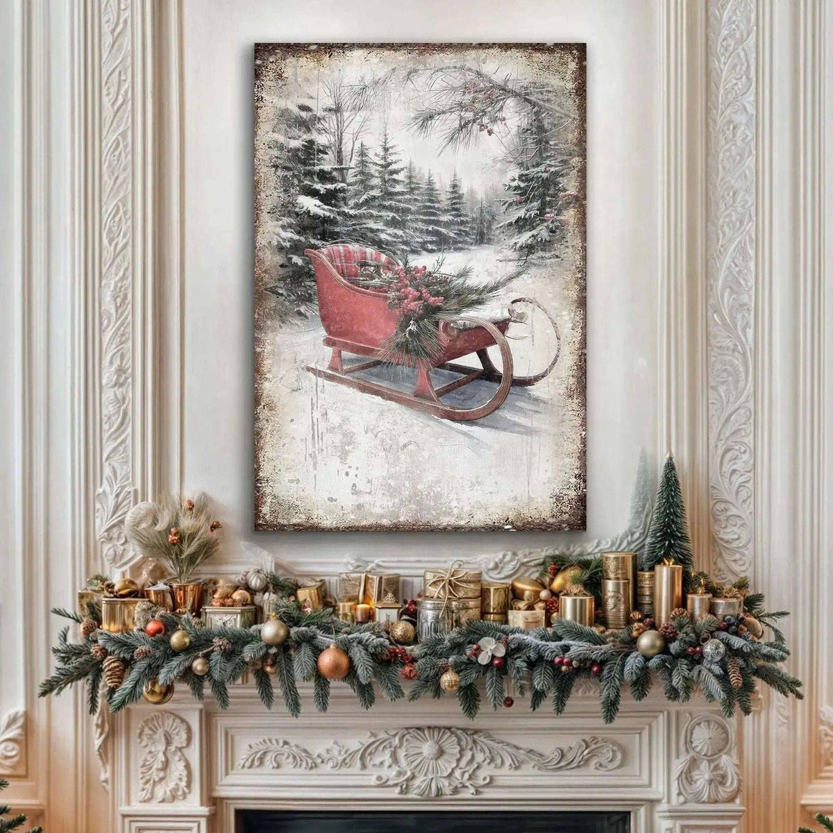 Vintage Christmas Sledge Wall Art Tailored Canvases 18x12 inch Medium Premium Gallery Wrapped 24x16 inch Large Premium Gallery Wrapped 36x24 inch Extra Large Premium Gallery Wrapped 18x12 inch Medium Premium Gallery Wrapped-24x16 inch Large Premium Gallery Wrapped-36x24 inch Extra Large Premium Gallery Wrapped-