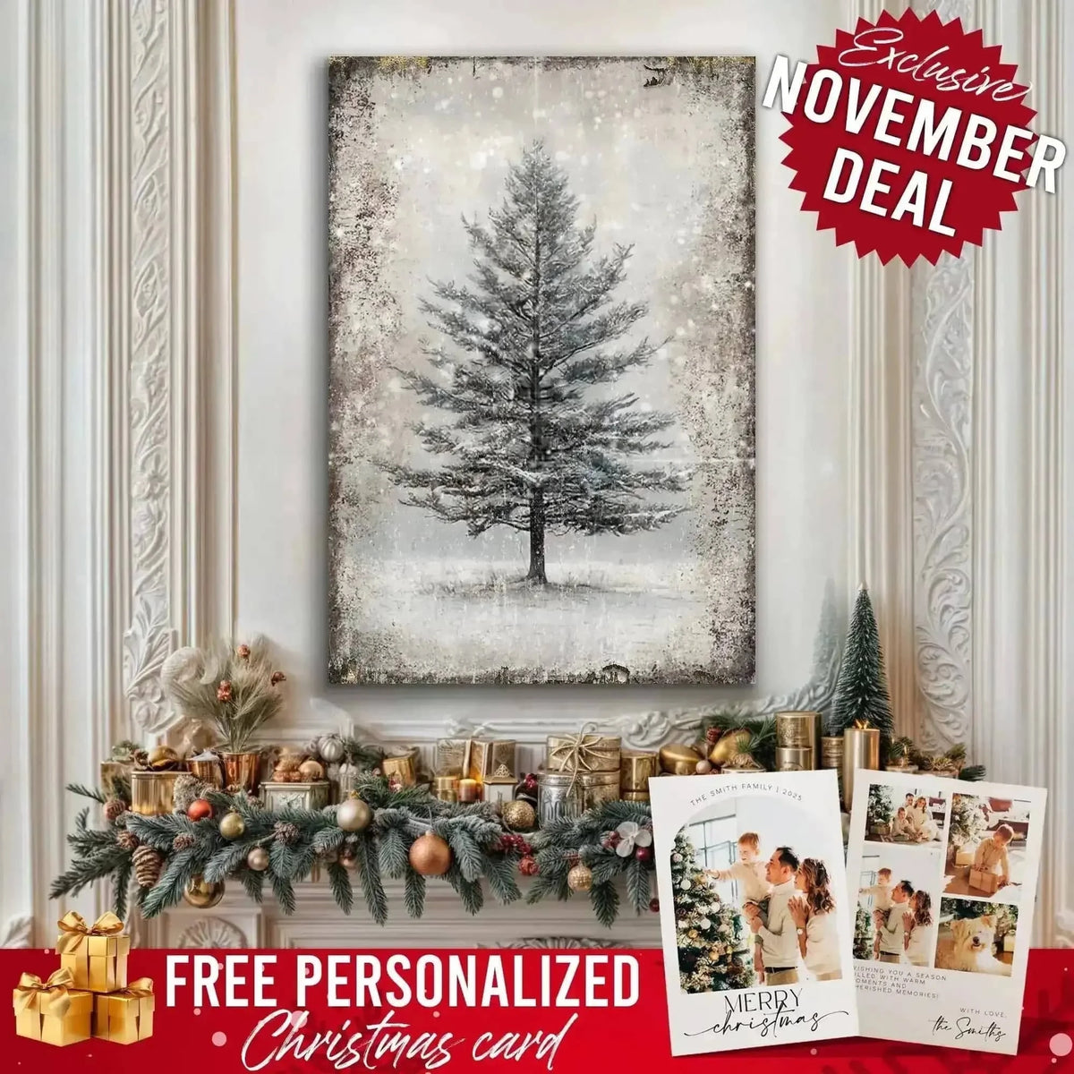 Vintage Christmas Tree Wall Art with Free Personalized Christmas Card Cartsfy Inc.