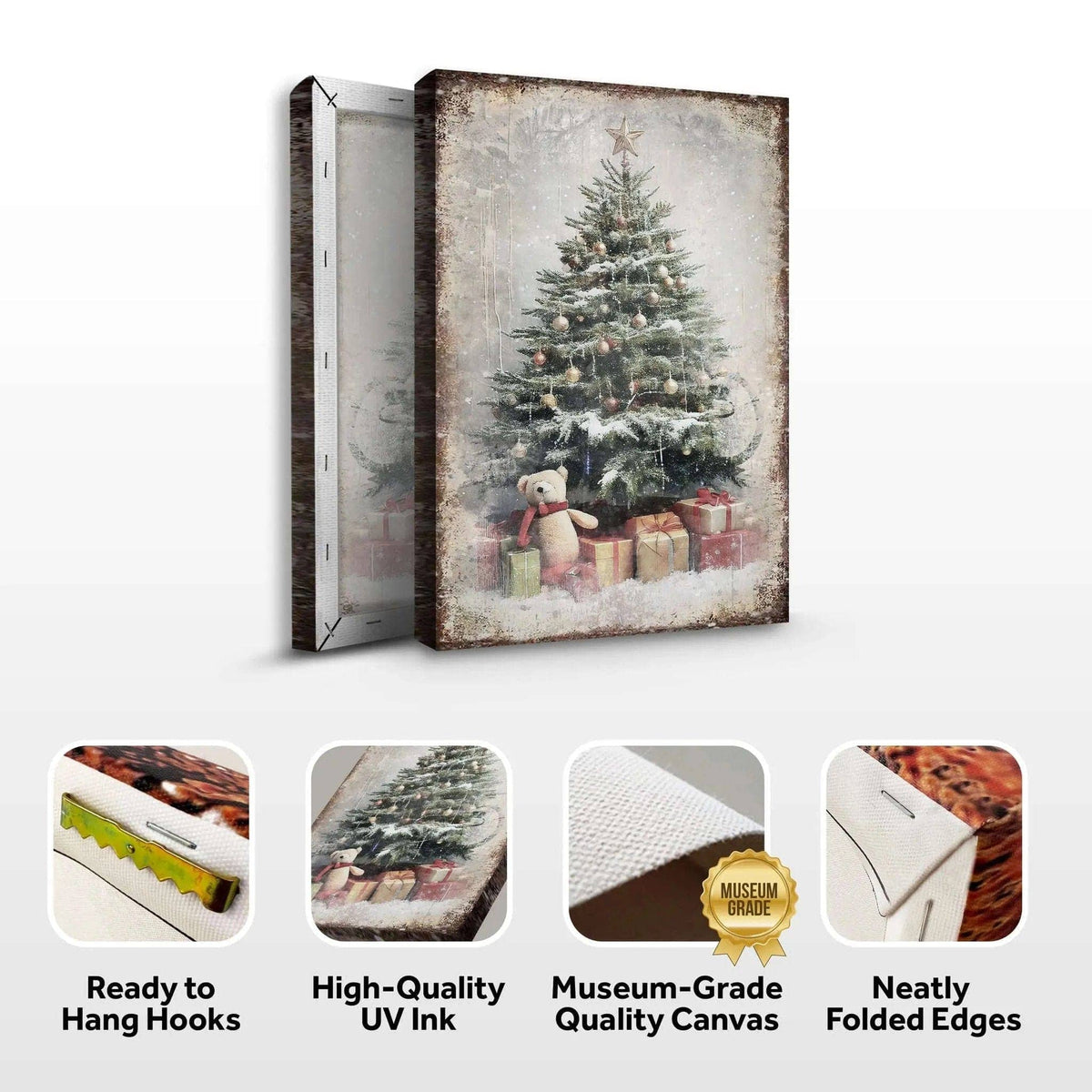 Vintage Christmas Tree With Gifts Wall Art II Tailored Canvases 18x12 inch Medium Premium Gallery Wrapped 24x16 inch Large Premium Gallery Wrapped 36x24 inch Extra Large Premium Gallery Wrapped 18x12 inch Medium Premium Gallery Wrapped-24x16 inch Large Premium Gallery Wrapped-36x24 inch Extra Large Premium Gallery Wrapped-