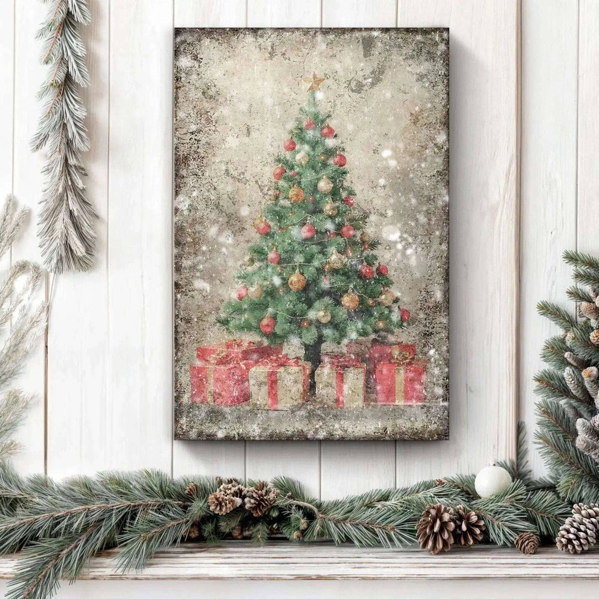 Vintage Christmas Tree With Gifts Wall Art III Tailored Canvases 18x12 inch Medium Premium Gallery Wrapped 24x16 inch Large Premium Gallery Wrapped 36x24 inch Extra Large Premium Gallery Wrapped 18x12 inch Medium Premium Gallery Wrapped-24x16 inch Large Premium Gallery Wrapped-36x24 inch Extra Large Premium Gallery Wrapped-