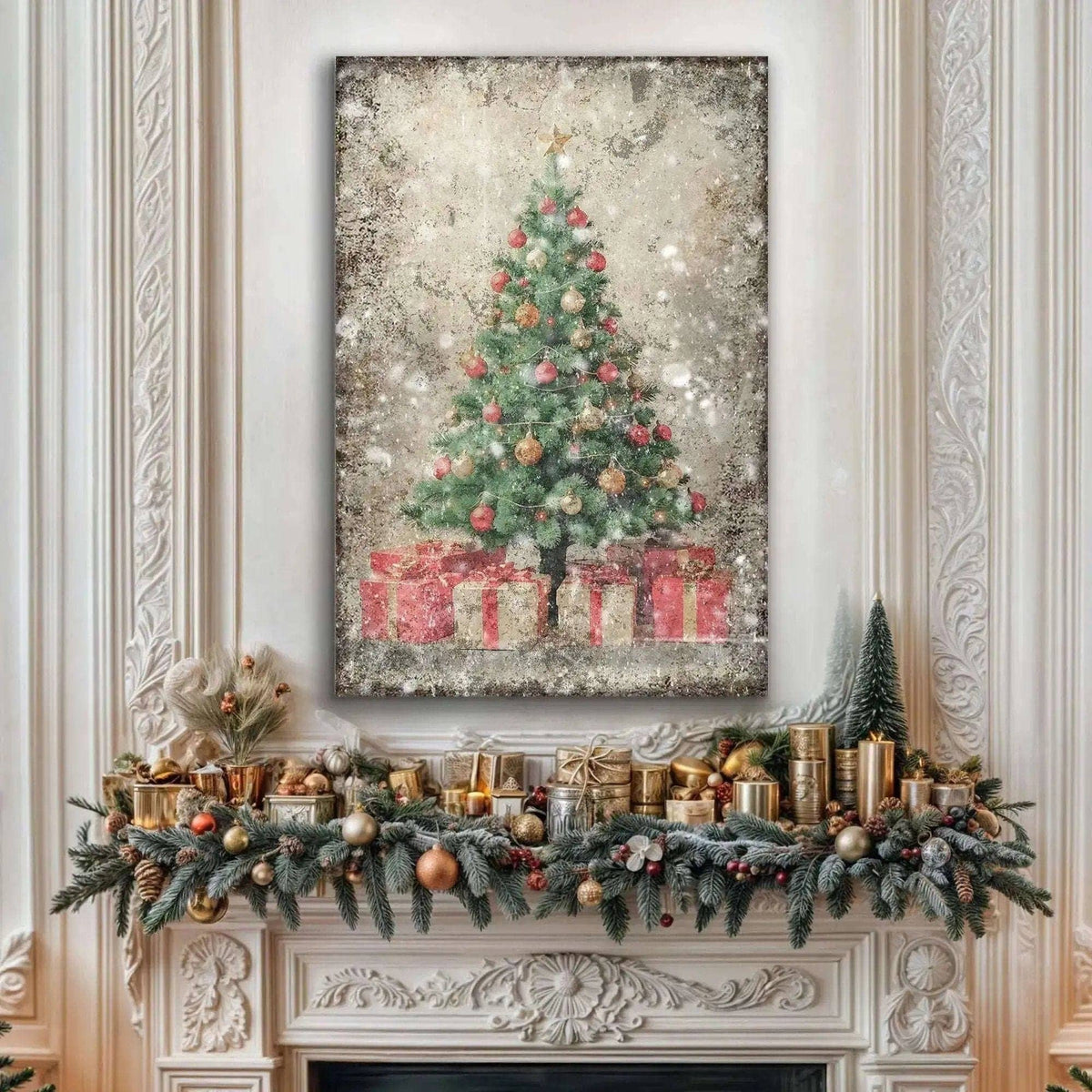 Vintage Christmas Tree With Gifts Wall Art III Tailored Canvases 18x12 inch Medium Premium Gallery Wrapped 24x16 inch Large Premium Gallery Wrapped 36x24 inch Extra Large Premium Gallery Wrapped 18x12 inch Medium Premium Gallery Wrapped-24x16 inch Large Premium Gallery Wrapped-36x24 inch Extra Large Premium Gallery Wrapped-