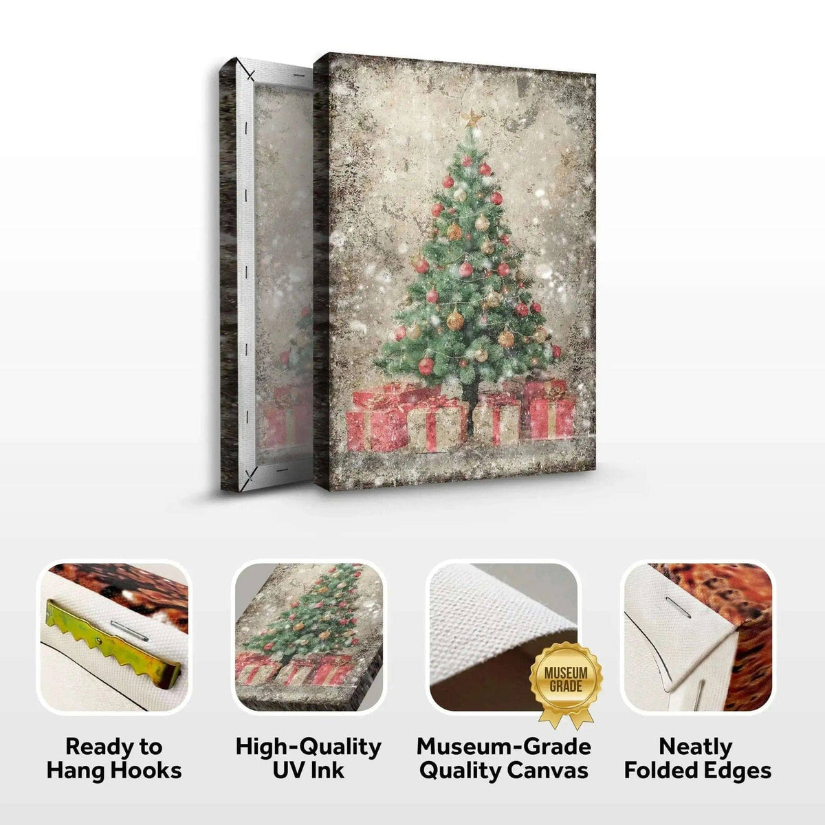 Vintage Christmas Tree With Gifts Wall Art III Tailored Canvases 18x12 inch Medium Premium Gallery Wrapped 24x16 inch Large Premium Gallery Wrapped 36x24 inch Extra Large Premium Gallery Wrapped 18x12 inch Medium Premium Gallery Wrapped-24x16 inch Large Premium Gallery Wrapped-36x24 inch Extra Large Premium Gallery Wrapped-