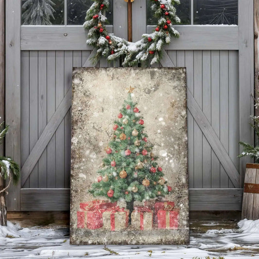 Vintage Christmas Tree With Gifts Wall Art III Tailored Canvases 18x12 inch Medium Premium Gallery Wrapped 24x16 inch Large Premium Gallery Wrapped 36x24 inch Extra Large Premium Gallery Wrapped 18x12 inch Medium Premium Gallery Wrapped-24x16 inch Large Premium Gallery Wrapped-36x24 inch Extra Large Premium Gallery Wrapped-