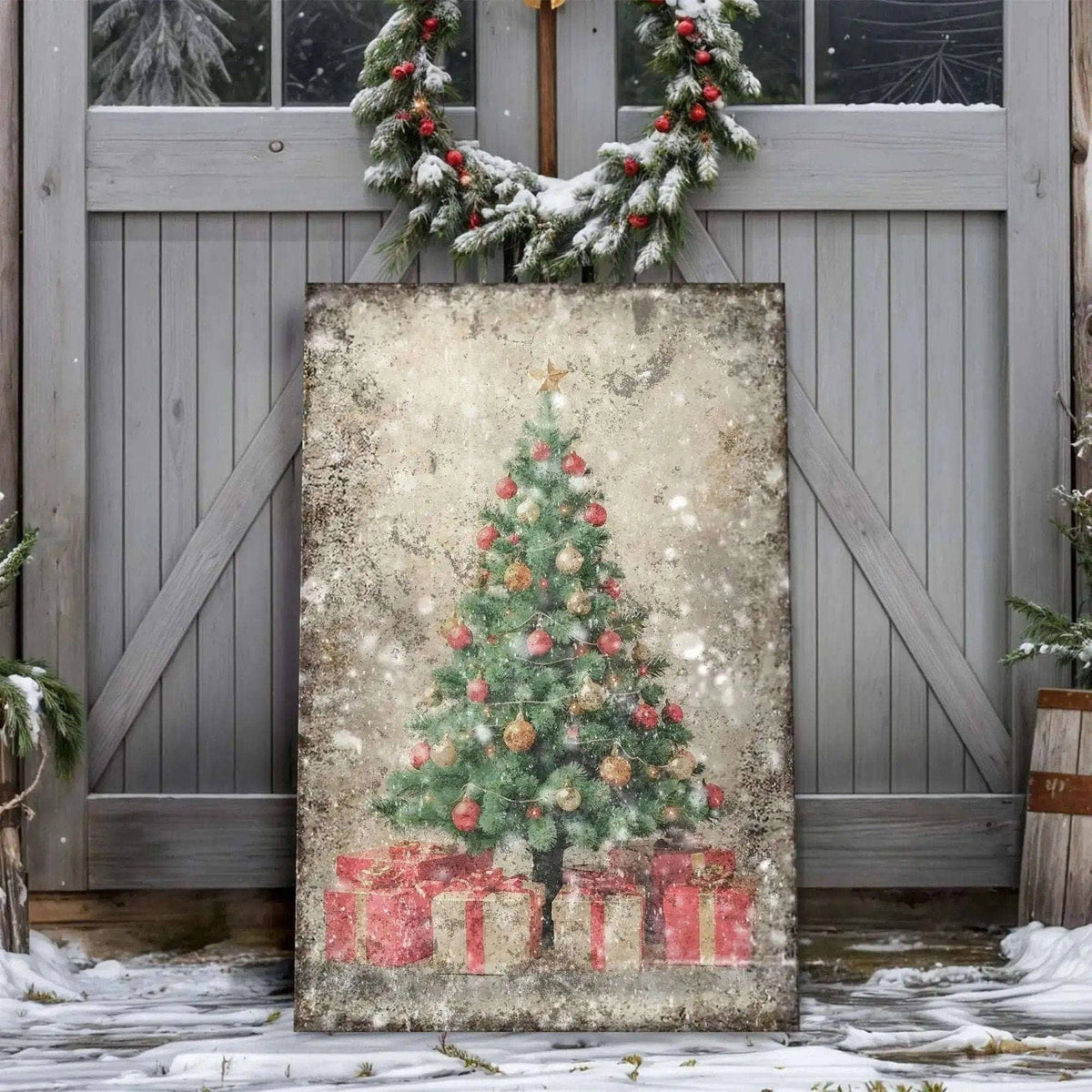 Vintage Christmas Tree With Gifts Wall Art III Tailored Canvases 18x12 inch Medium Premium Gallery Wrapped 24x16 inch Large Premium Gallery Wrapped 36x24 inch Extra Large Premium Gallery Wrapped 18x12 inch Medium Premium Gallery Wrapped-24x16 inch Large Premium Gallery Wrapped-36x24 inch Extra Large Premium Gallery Wrapped-