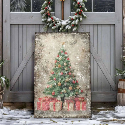 Vintage Christmas Tree With Gifts Wall Art III Tailored Canvases 18x12 inch Medium Premium Gallery Wrapped 24x16 inch Large Premium Gallery Wrapped 36x24 inch Extra Large Premium Gallery Wrapped 18x12 inch Medium Premium Gallery Wrapped-24x16 inch Large Premium Gallery Wrapped-36x24 inch Extra Large Premium Gallery Wrapped-