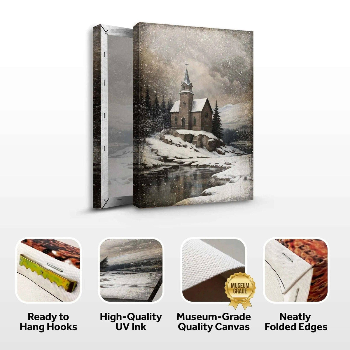 Vintage Church Christmas Wall Art II Tailored Canvases 18x12 inch Medium Premium Gallery Wrapped 24x16 inch Large Premium Gallery Wrapped 36x24 inch Extra Large Premium Gallery Wrapped 18x12 inch Medium Premium Gallery Wrapped-24x16 inch Large Premium Gallery Wrapped-36x24 inch Extra Large Premium Gallery Wrapped-
