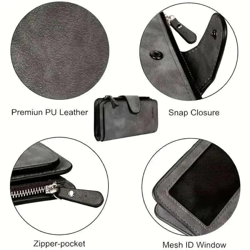 Vintage Faux Leather Long Wallet – Trifold Credit Card Holder with Snap & Zipper DailySale Gray Black Pink Gray-Black-Pink-Brown-Light Gray-Baby Blue-Hot Pink-