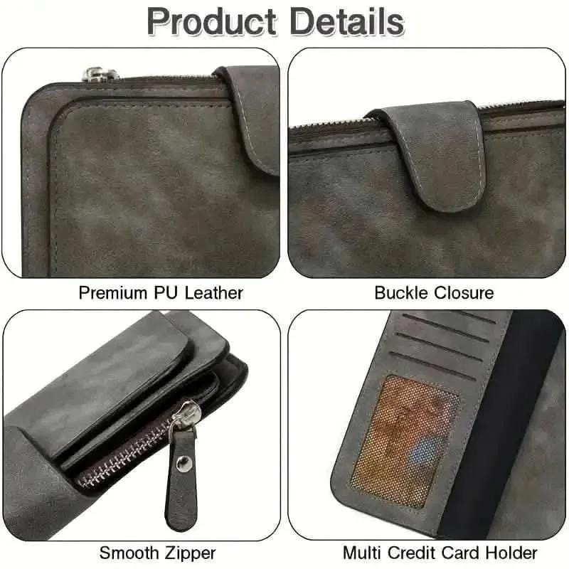 Vintage Faux Leather Long Wallet – Trifold Credit Card Holder with Snap & Zipper DailySale Gray Black Pink Gray-Black-Pink-Brown-Light Gray-Baby Blue-Hot Pink-